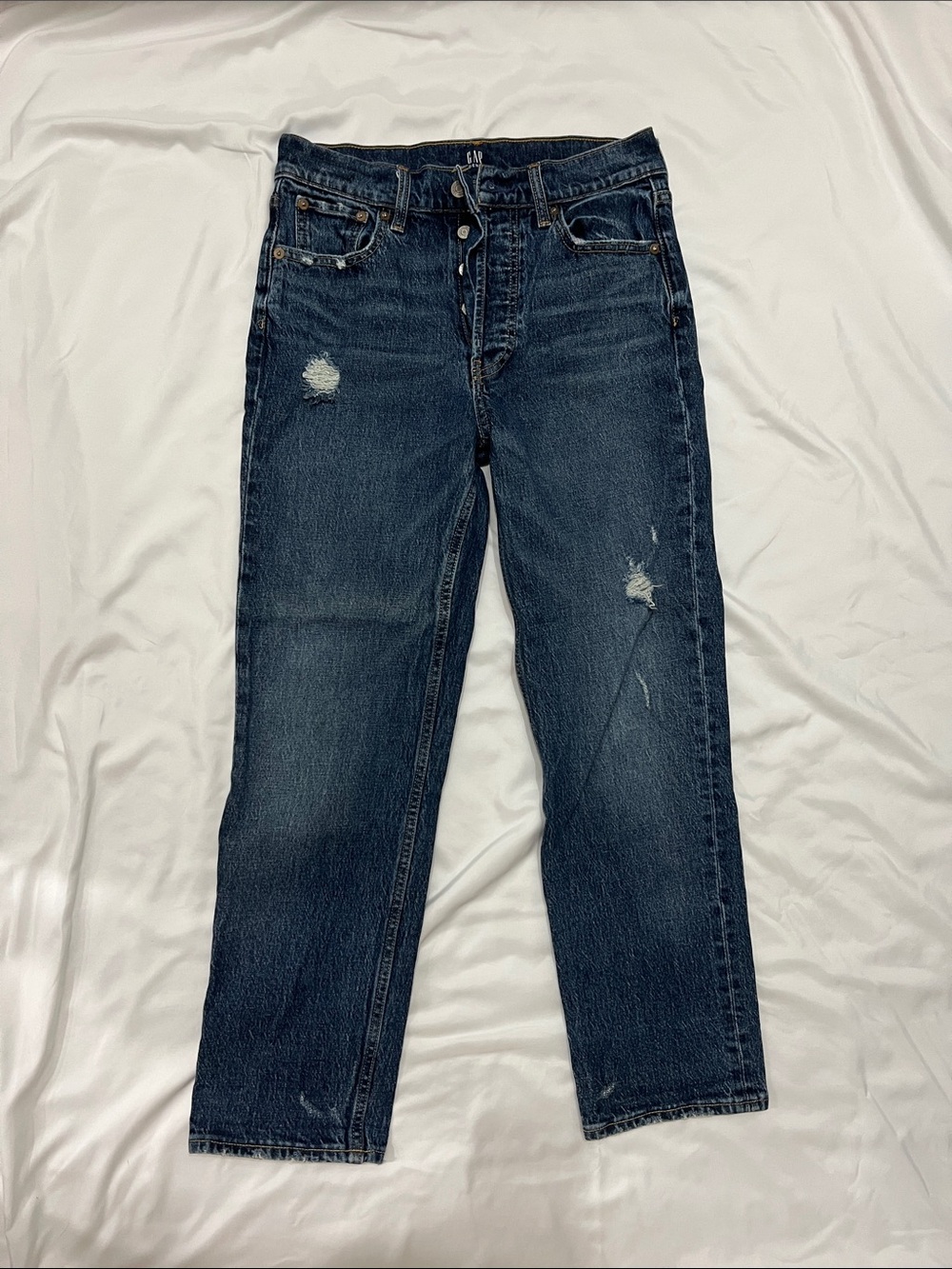 GAP Button-Fly Distressed Straight Jeans - Dark Blue